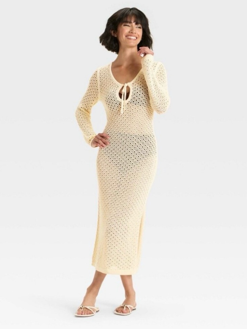 NWT A New Day Cream Crochet Long Sleeve Maxi Sweater Dress | SZ S | Cover Up
